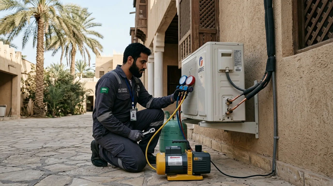 فني تكييف من مدار البرودة يستخدم مضخة تفريغ فاكيوم لوحدة سبليت في فناء منزل بالعيون