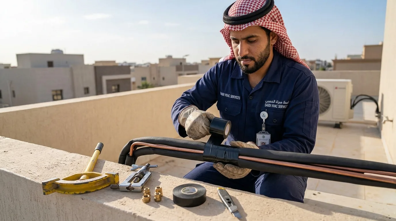فني تكييف يلحم مواسير النحاس بلهب الأكسجين مع العزل في مبنى جديد بالأحساء