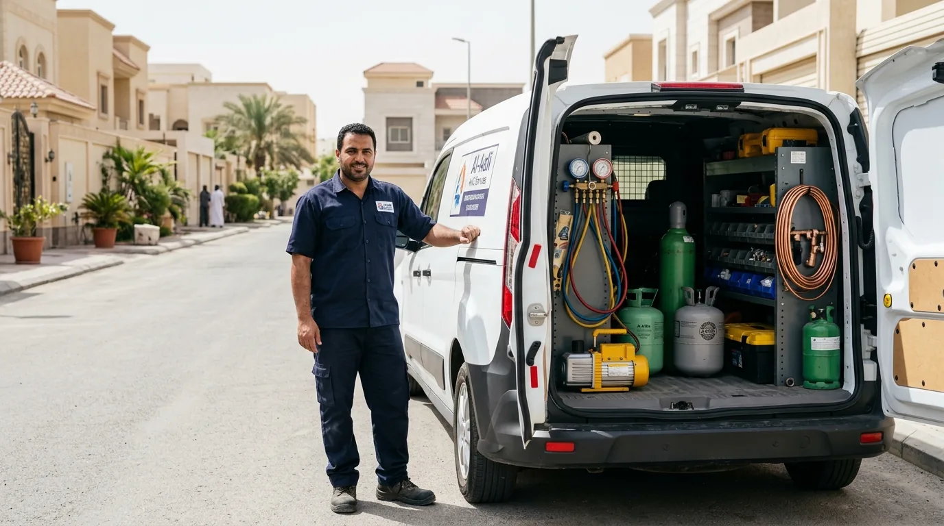 فني تكييف من مدار البرودة يقوم بصيانة وحدة مكيف في مدينة الطرف