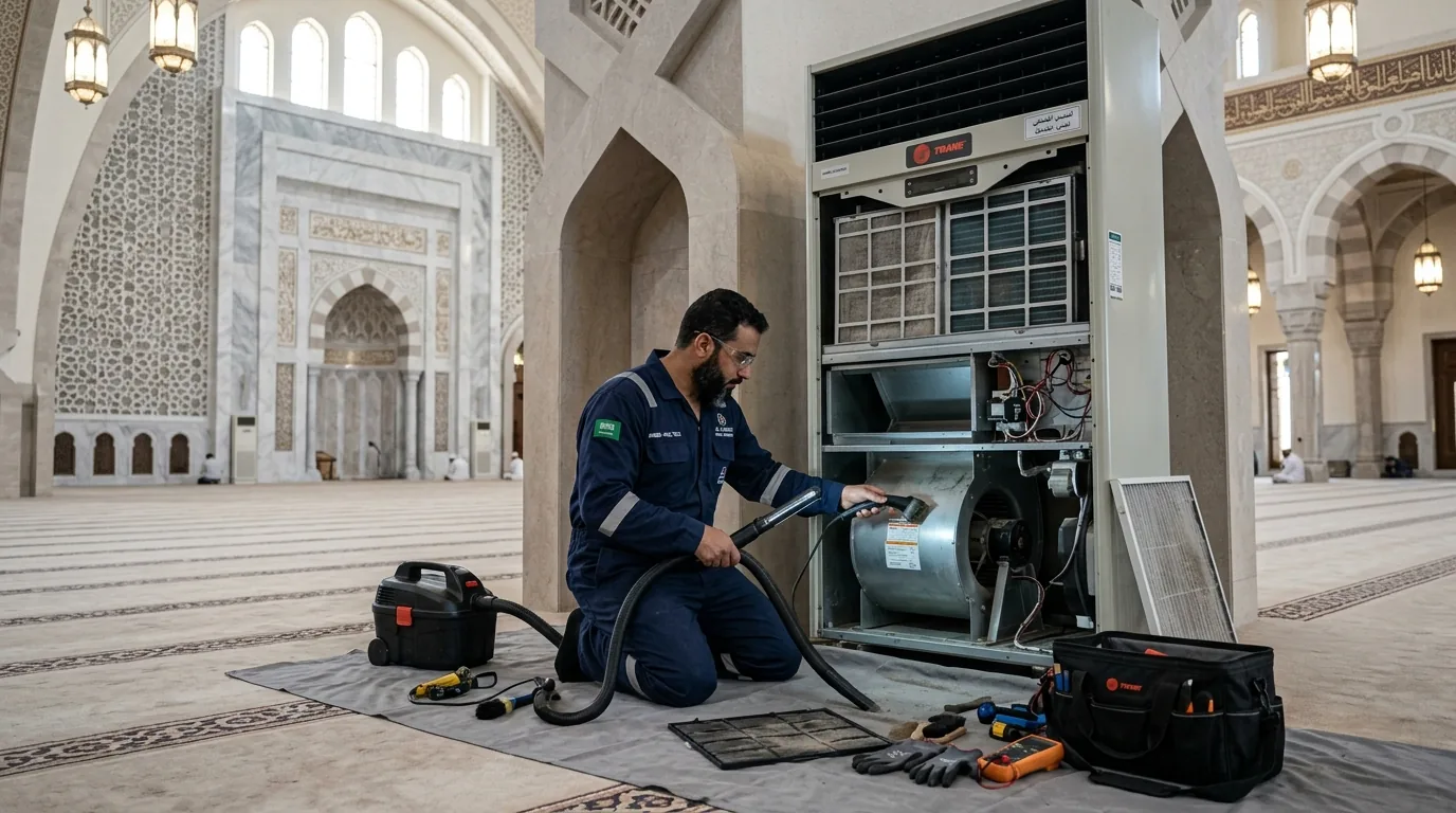 فني تكييف يفحص الوحدة الداخلية لمكيف دولابي عمودي في صالة كبيرة بالأحساء