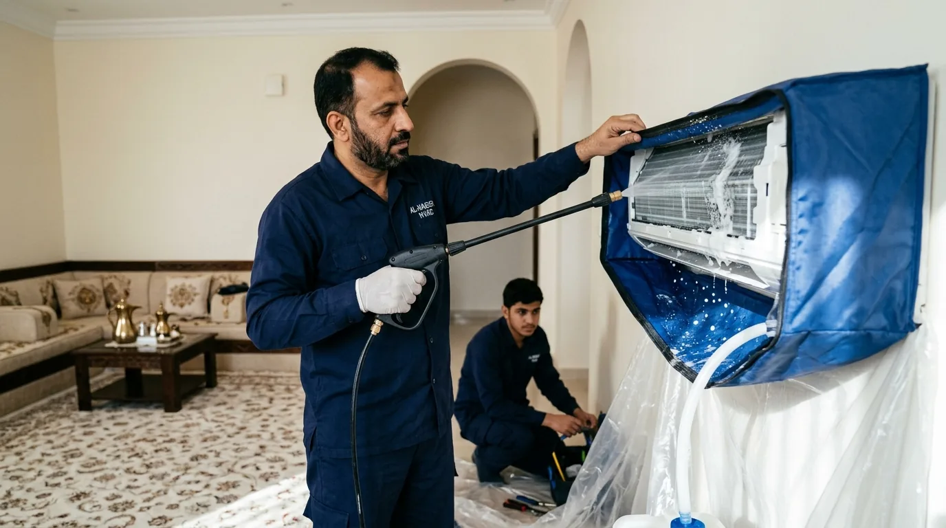 فني تكييف من مدار البرودة ينفذ صيانة وقائية لوحدة تكييف في بلدة البطالية